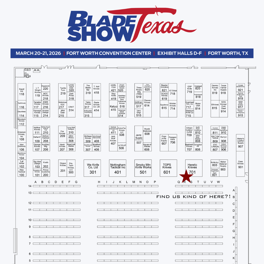 Blade Show Texas 2026 Map with a Star Showing where you can probably find us over by the heretic booth