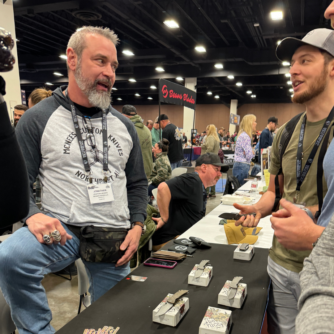 Jordan talking at Blade Show to Maker Jonathon McNees